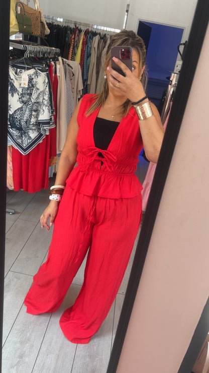 Ensemble rouge femme 2 pièces – Top noué et pantalon large