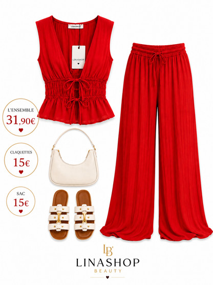 Ensemble rouge femme 2 pièces – Top noué et pantalon large