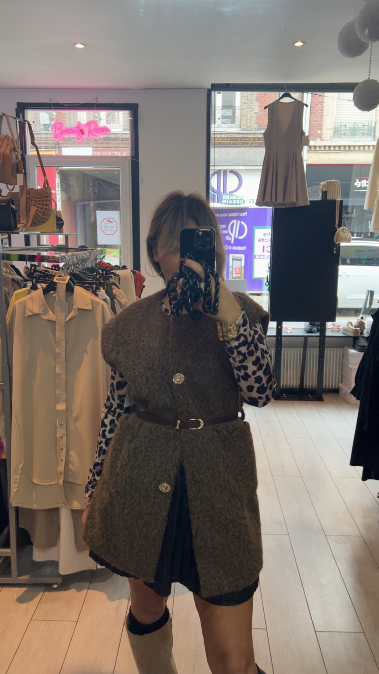 Veste Mi-Longue Manches Courtes Taille Unique - Marron/Beige