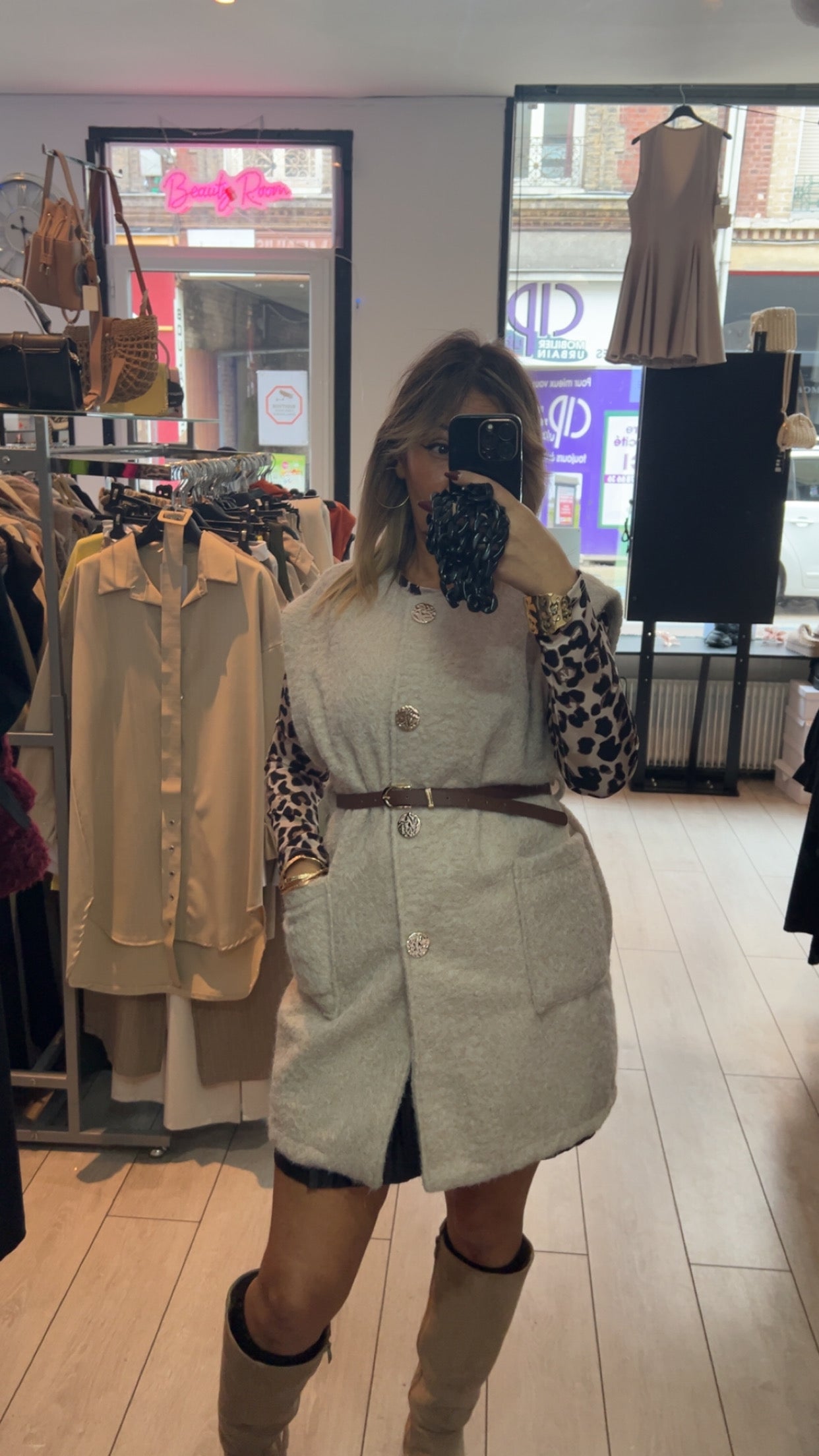 Veste Mi-Longue Manches Courtes Taille Unique - Marron/Beige