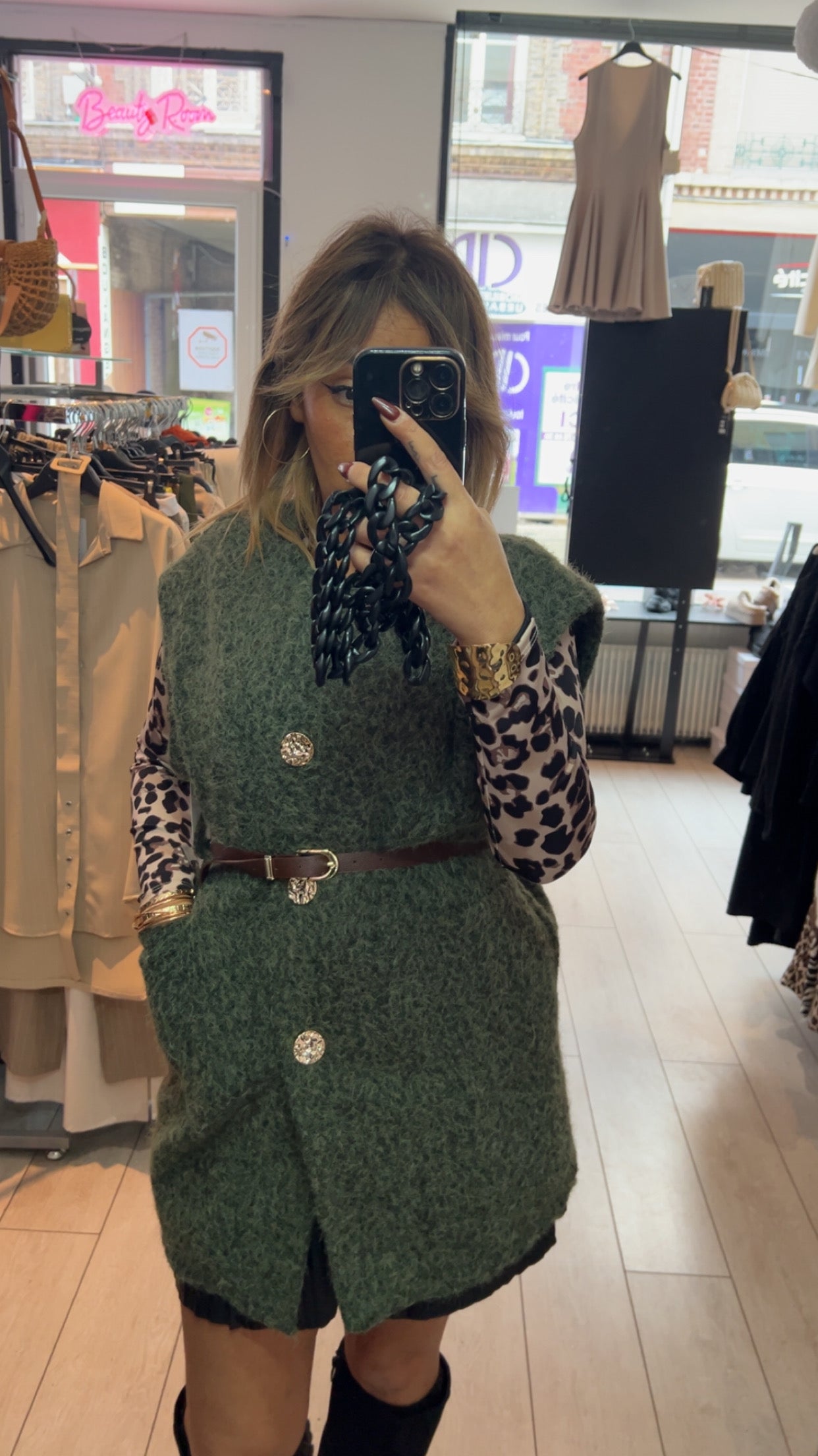 Veste Mi-Longue Manches Courtes Taille Unique - Beige et Kaki